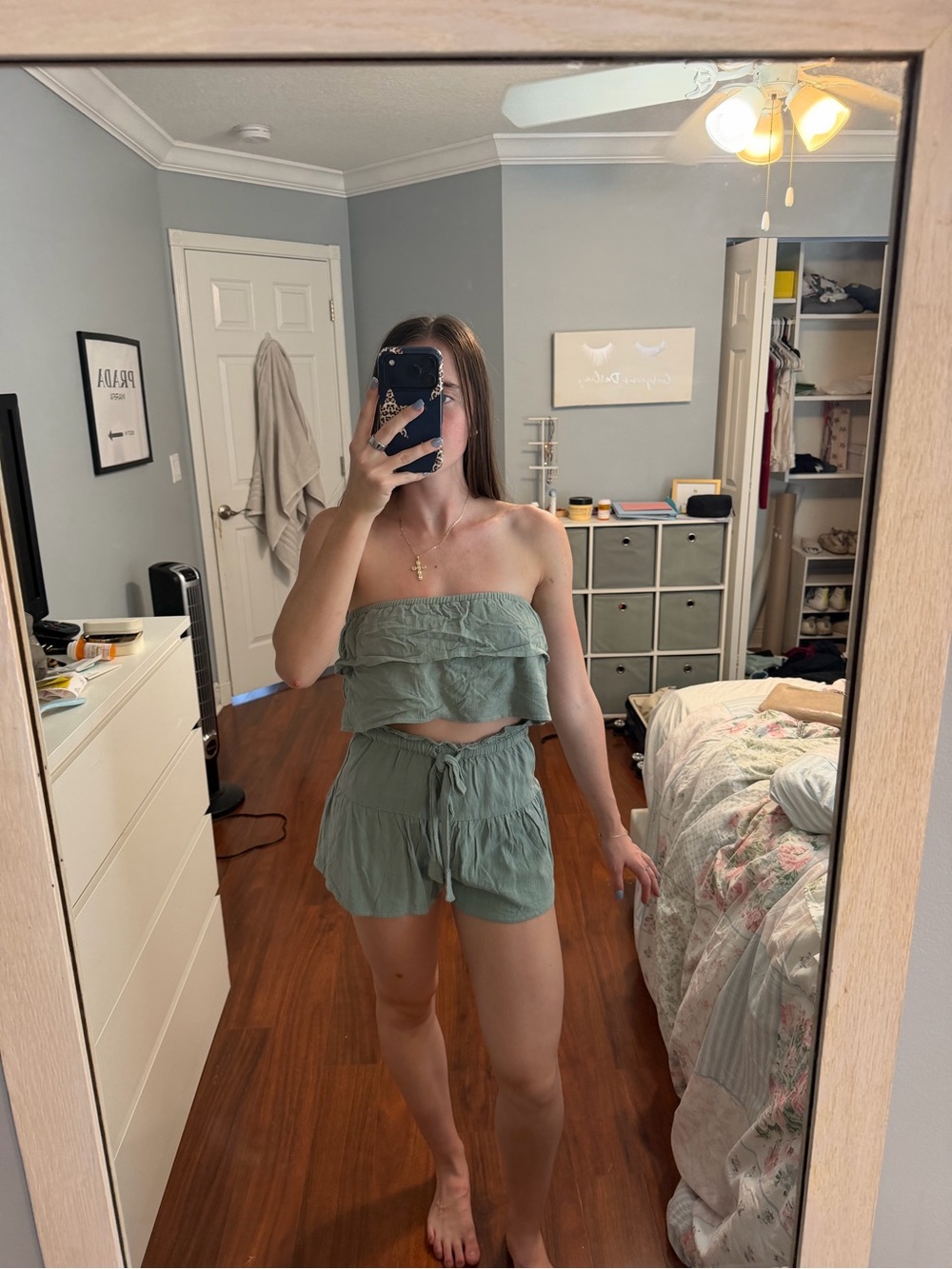 Princess Polly Sage Green Strapless Ruffle Romper Set